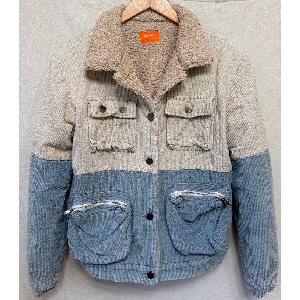 CLTN17 Corduroy Sherpa Lined Jacket Medium Cream Blue Colorblock Utility